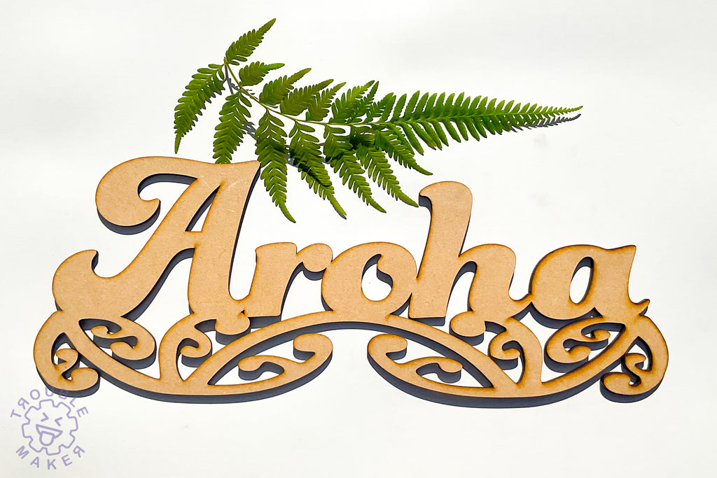 Aroha sign art, carved of wood - TroubleMaker.co.nz