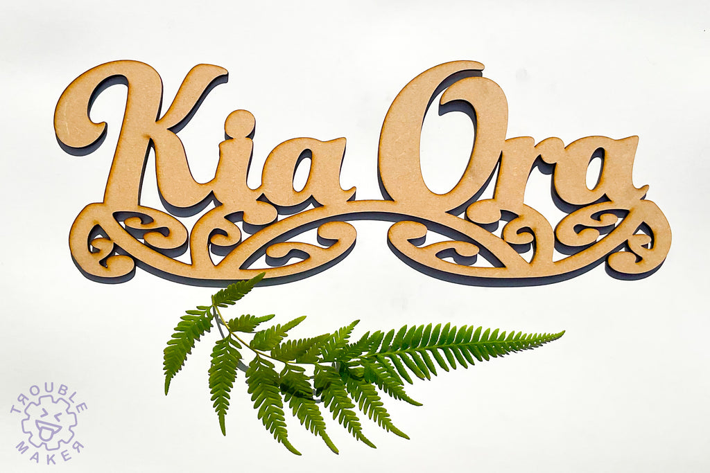Kia Ora sign art, carved of wood - TroubleMaker.co.nz