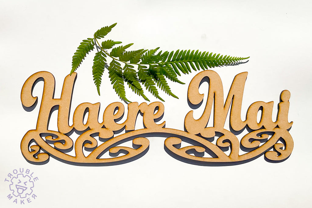 Haere Mai sign art, carved of wood– TroubleMaker.co.nz