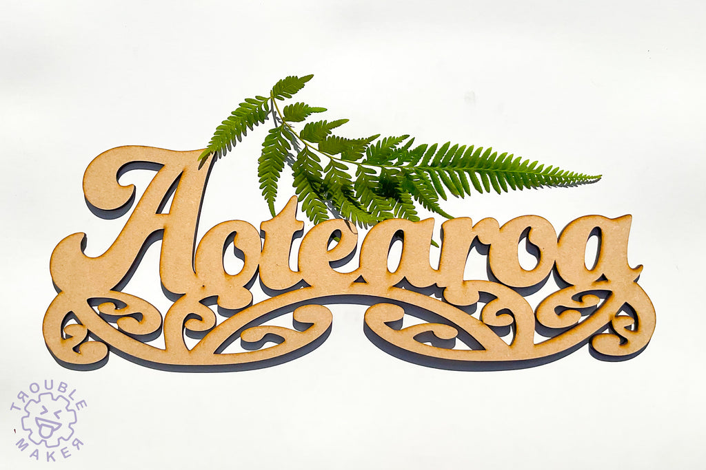 Aotearoa sign art, carved of wood - TroubleMaker.co.nz