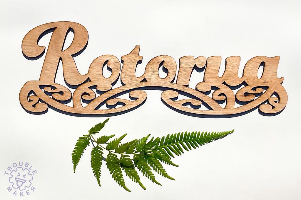 Rotorua sign art, carved of wood - TroubleMaker.co.nz