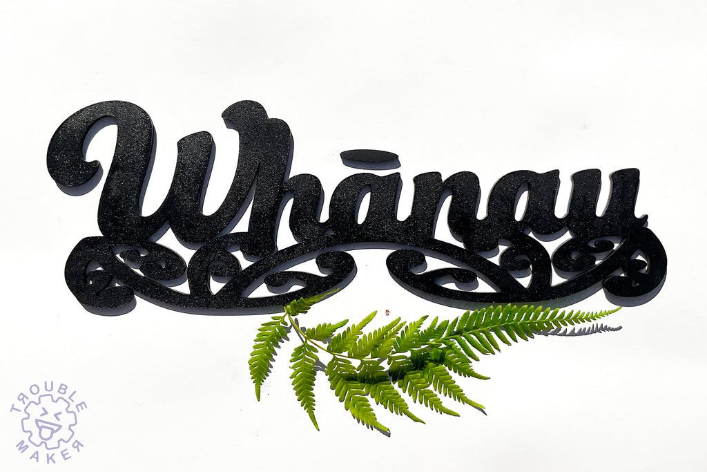 Whanau sign art, carved of wood - TroubleMaker.co.nz