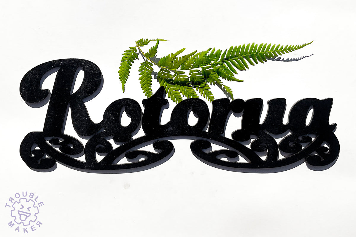 Rotorua sign art, carved of wood– TroubleMaker.co.nz
