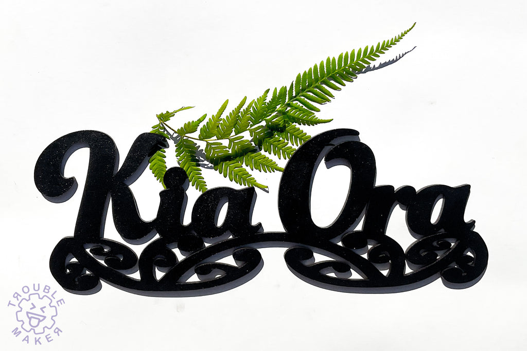 Kia Ora sign art, carved of wood - TroubleMaker.co.nz