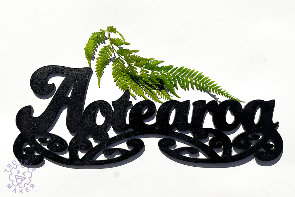 Aotearoa sign art, carved of wood - TroubleMaker.co.nz