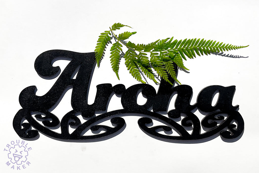 Aroha sign art, carved of wood - TroubleMaker.co.nz