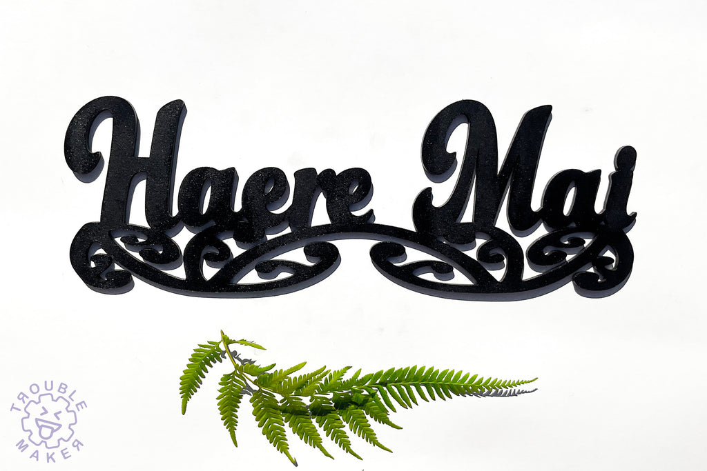 Haere Mai sign art, carved of wood - TroubleMaker.co.nz