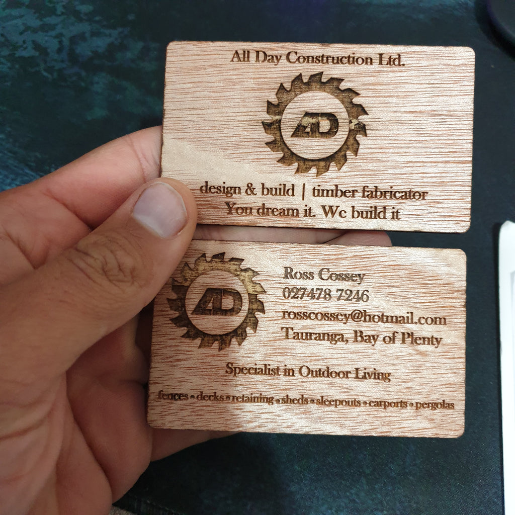Engraved wooden business cards - TroubleMaker.co.nz
