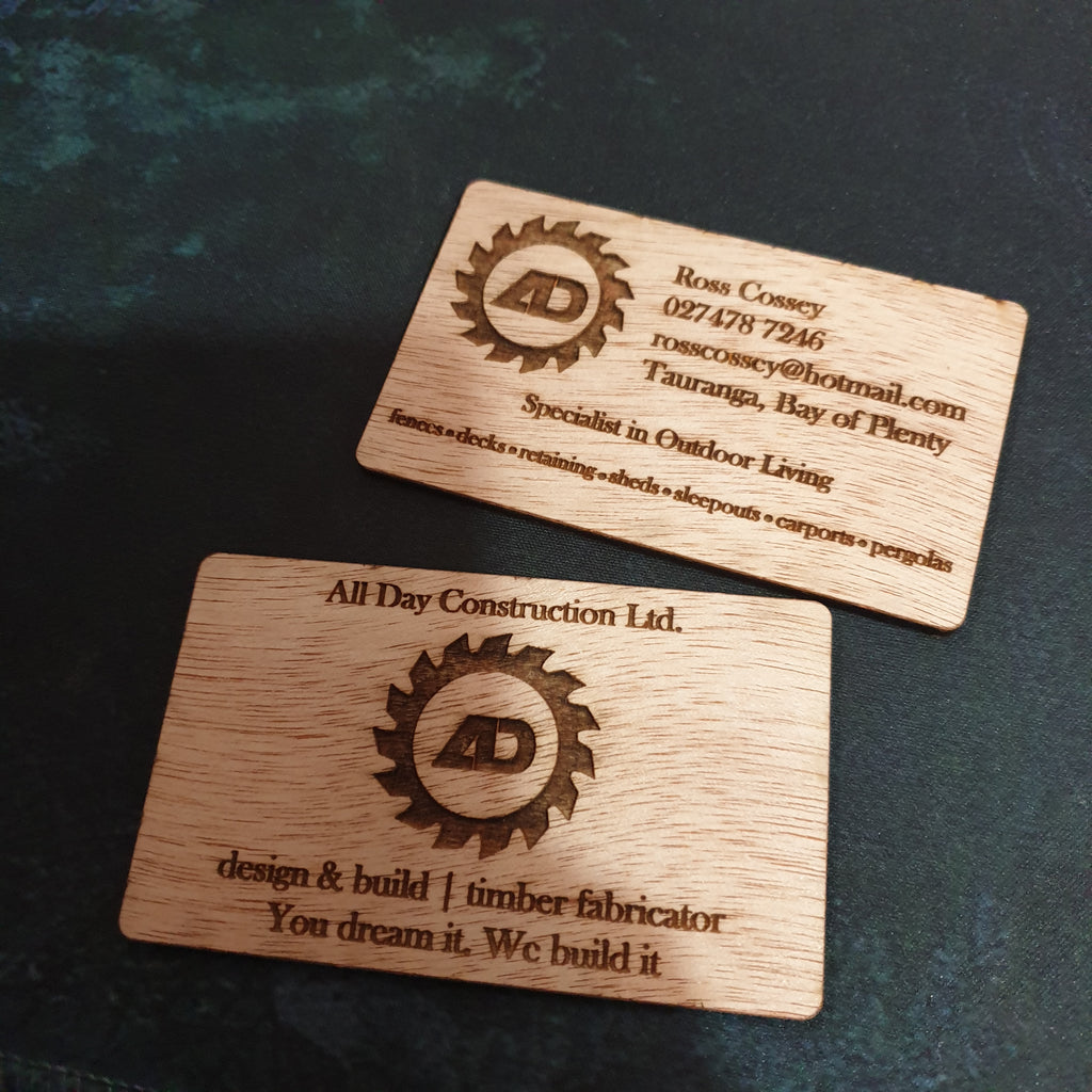 Engraved wooden business cards - TroubleMaker.co.nz